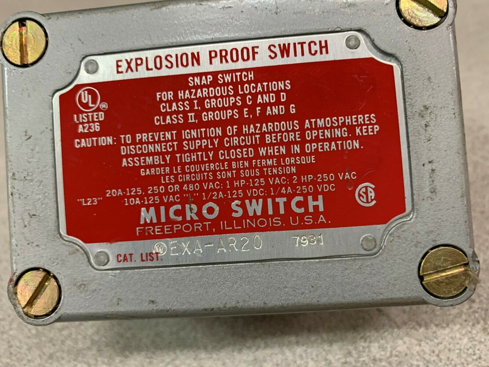 NEW NO BOX MICROS SWITCH EXPLOSION PROOF SWITCH  EXA-AR20