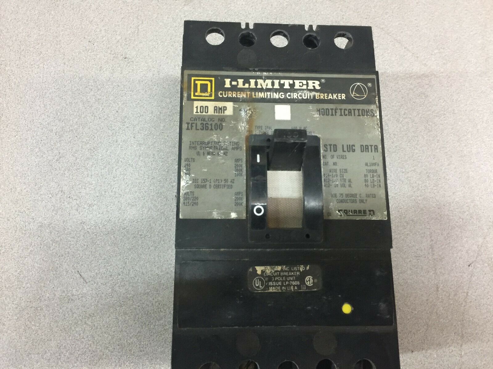 USED SQUARE D 100AMP 2POLE 600VAC I-LIMITER BREAKER IFL36100