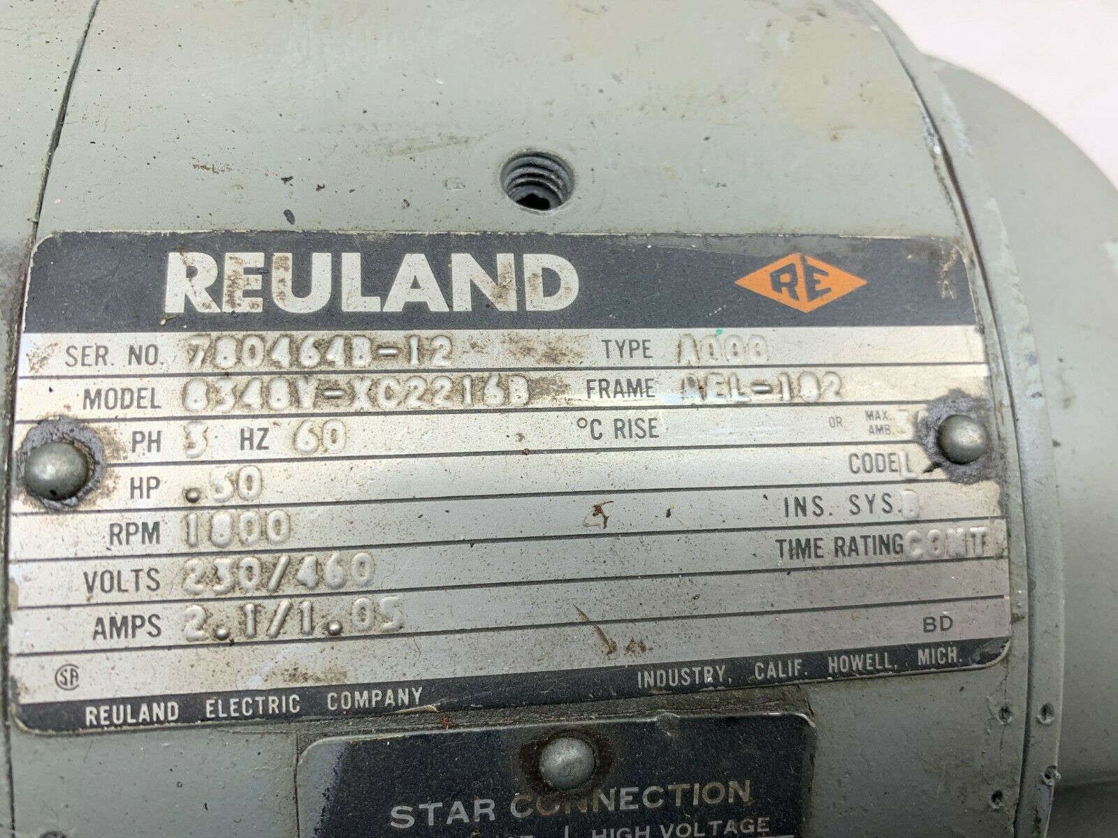 USED REULAND .50HP 1800RPM MOTOR 8348V-XC2216B WITH MAGNETIC BRAKE OLDA 32B2