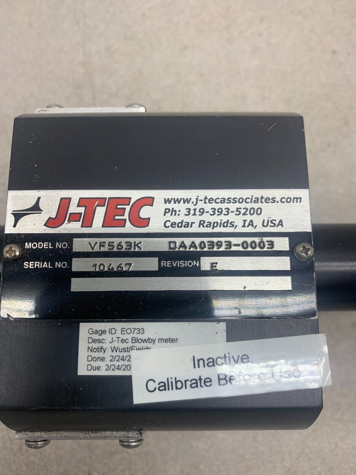 USED J-TEC FLOWMETER VF563K DAA0393-0003