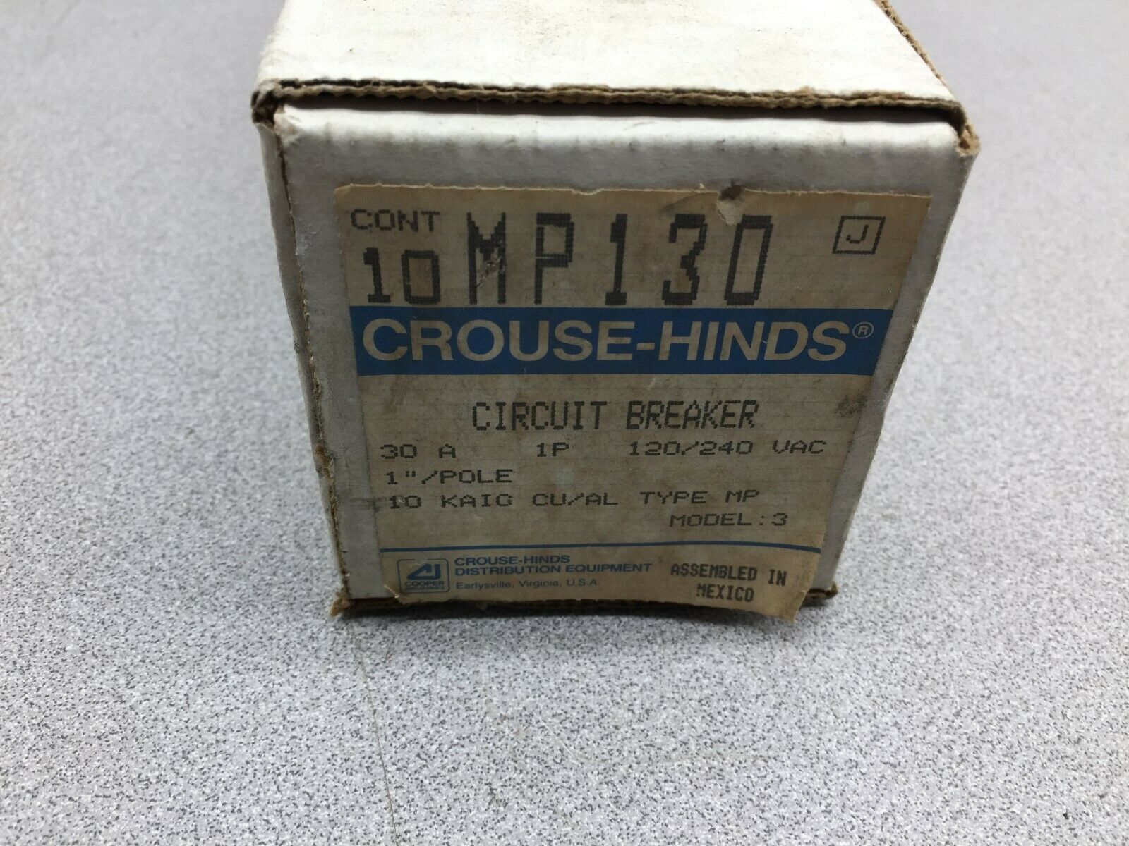 NEW IN BOX OF 10 CROUSE HINDS 30AMP 1POLE 120/240VAC BREAKER MP130