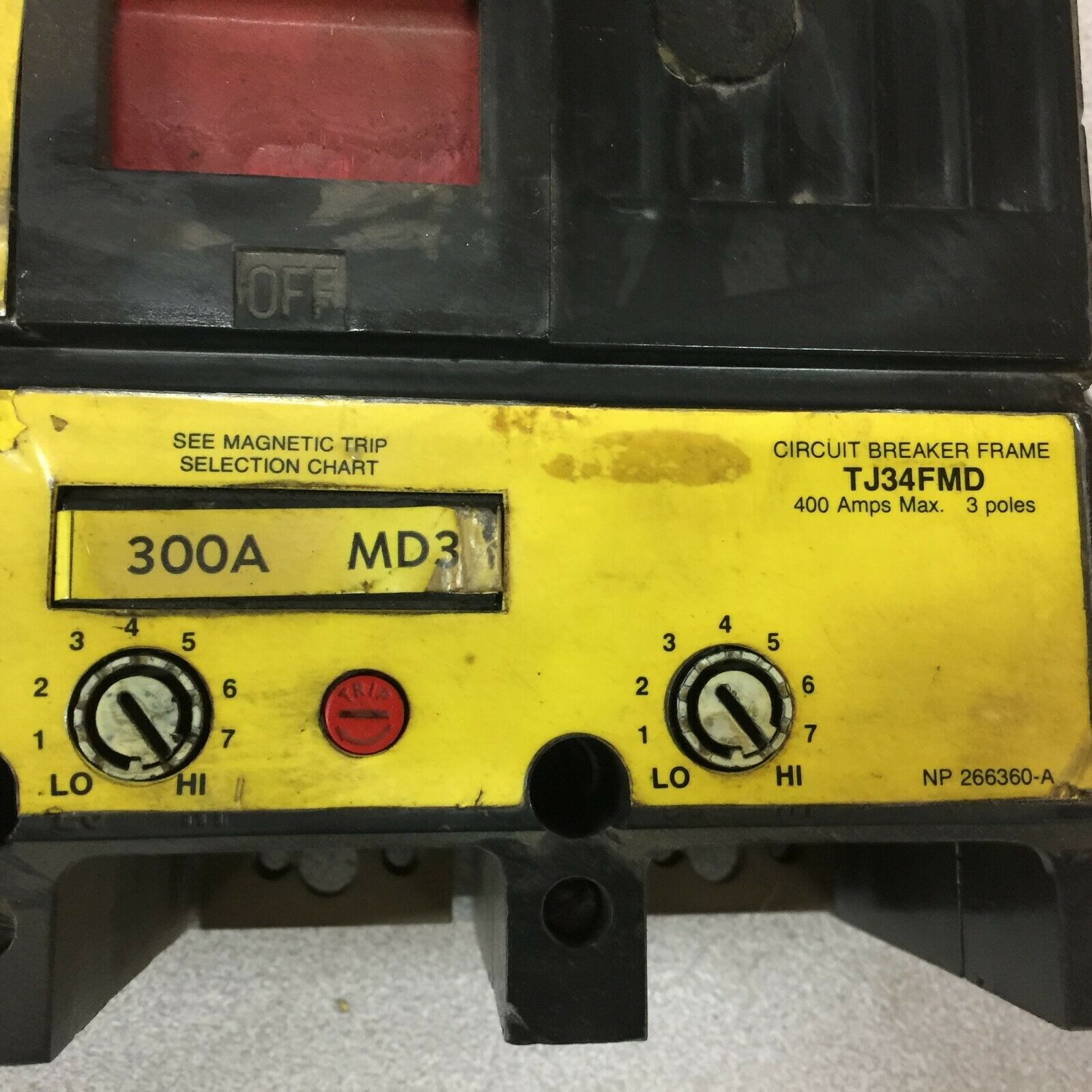 USED GE TJ34FMD 300AMP 3POLE 600VAC 120VAC ST MINE DUTY BREAKER TJ34300MD3STA12