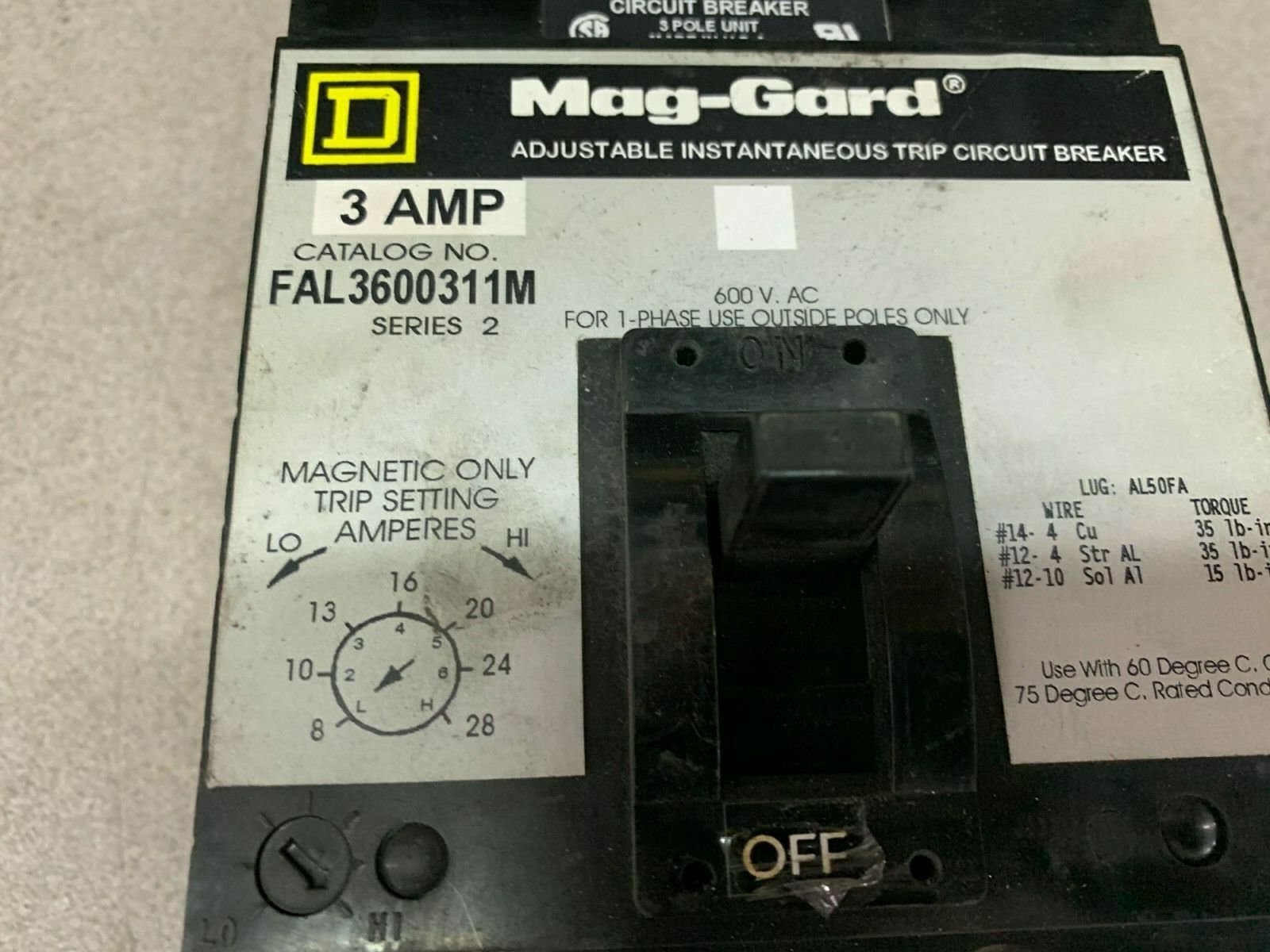 USED SQUARE D 3 AMP CIRCUIT BREAKER FAL3600311M