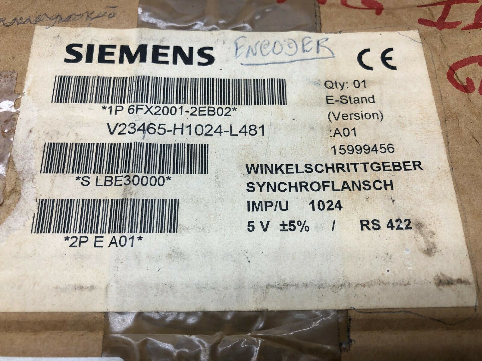 NEW IN BOX SIEMENS 1024 PPR 6MM SHAFT  INCREMENTAL ENCODER 6FX2001-2EB02