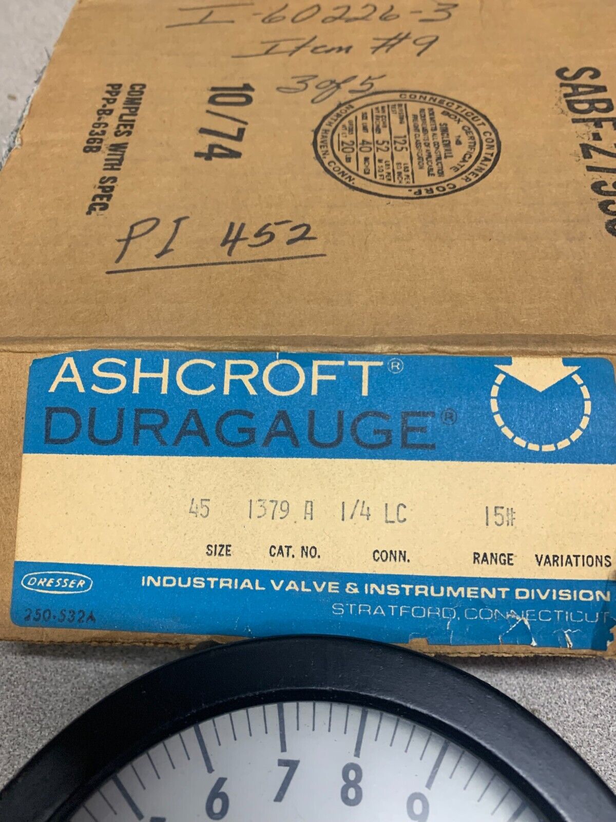 NEW IN BOX ASHCROFT DURAGAUGE SIZE 45 1379 A CONNECTION 1/4" LC RANGE 15#