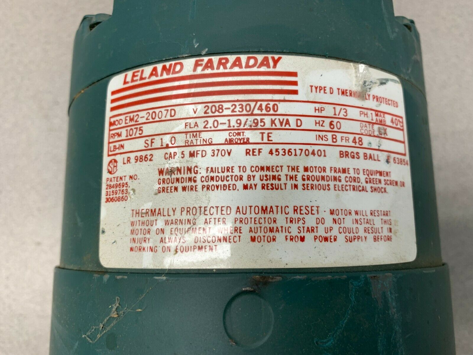 NEW NO BOX LELENAD FARADAY 1/3HP 1075 RPM MOTOR 208-230/460 VOLT EM2-2007D