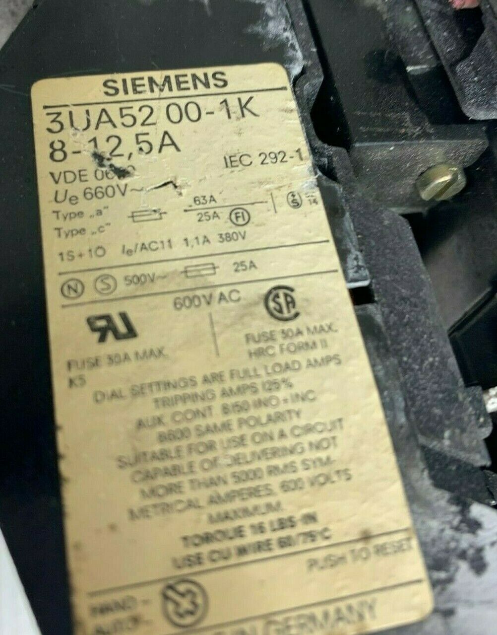 USED SIEMENS 3TB44 SOLID STATE RELAY 3UA52 00-1K-8-12,5A