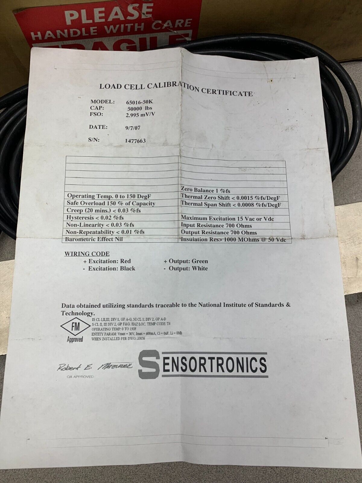 NEW IN BOX SENSORTRONICS 50,000 LBS. LOAD CELL 65016-50K