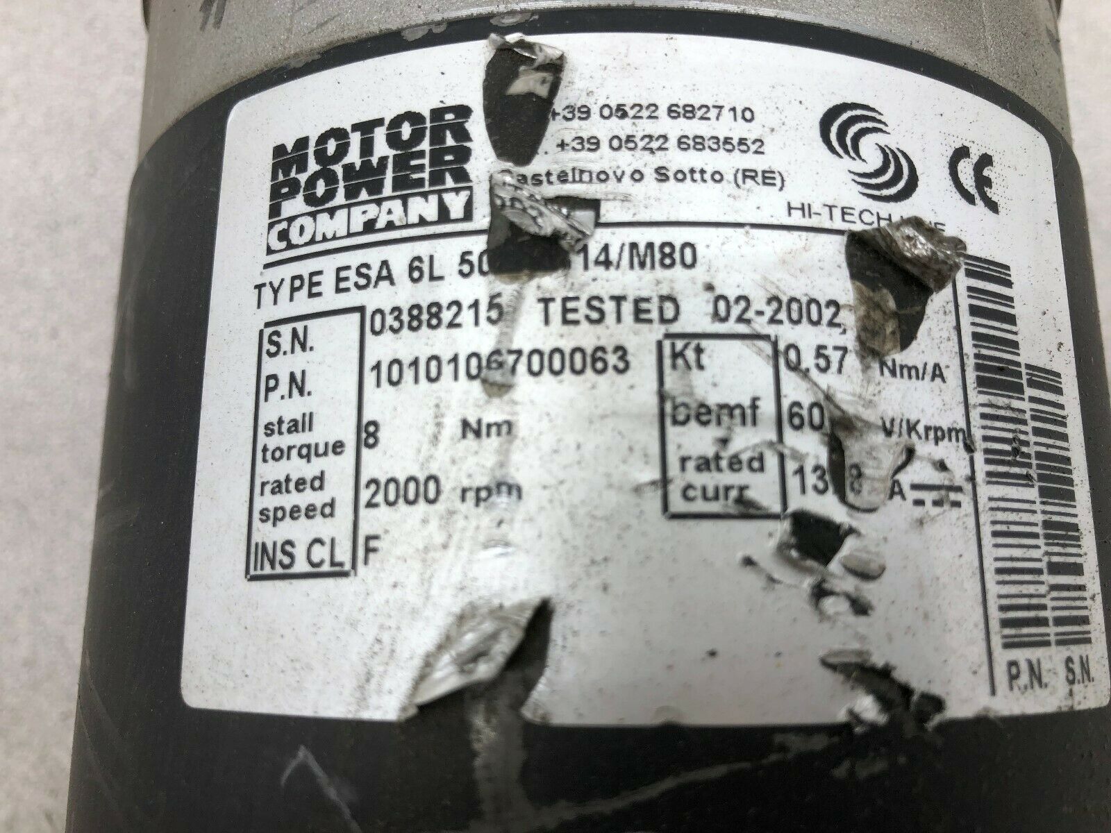 USED MOTOR POWER 2000 RPM 8 NM DC SERVO MOTOR ESA 6L5002 14/M80