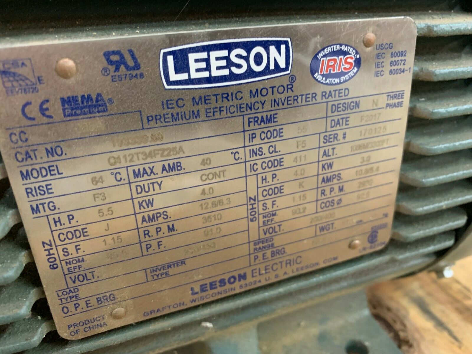 USED LEESON 5.5HP 193339.00 METRIC MOTOR Q112T34FZ25A