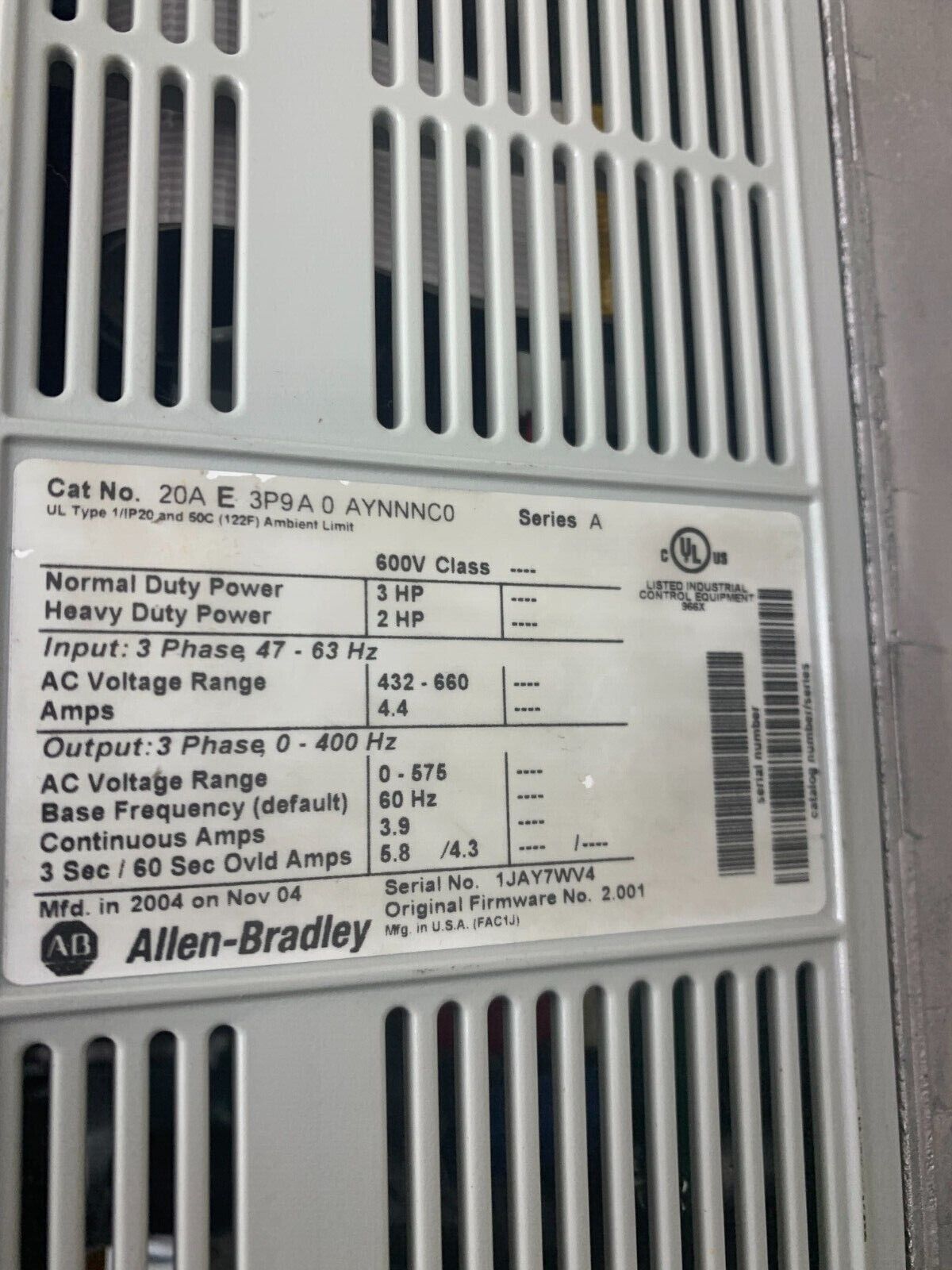 USED ALLEN-BRADLEY 3HP POWERFLEX 70 DRIVE 20AE3P9A0AYNNNC0 SERIES A