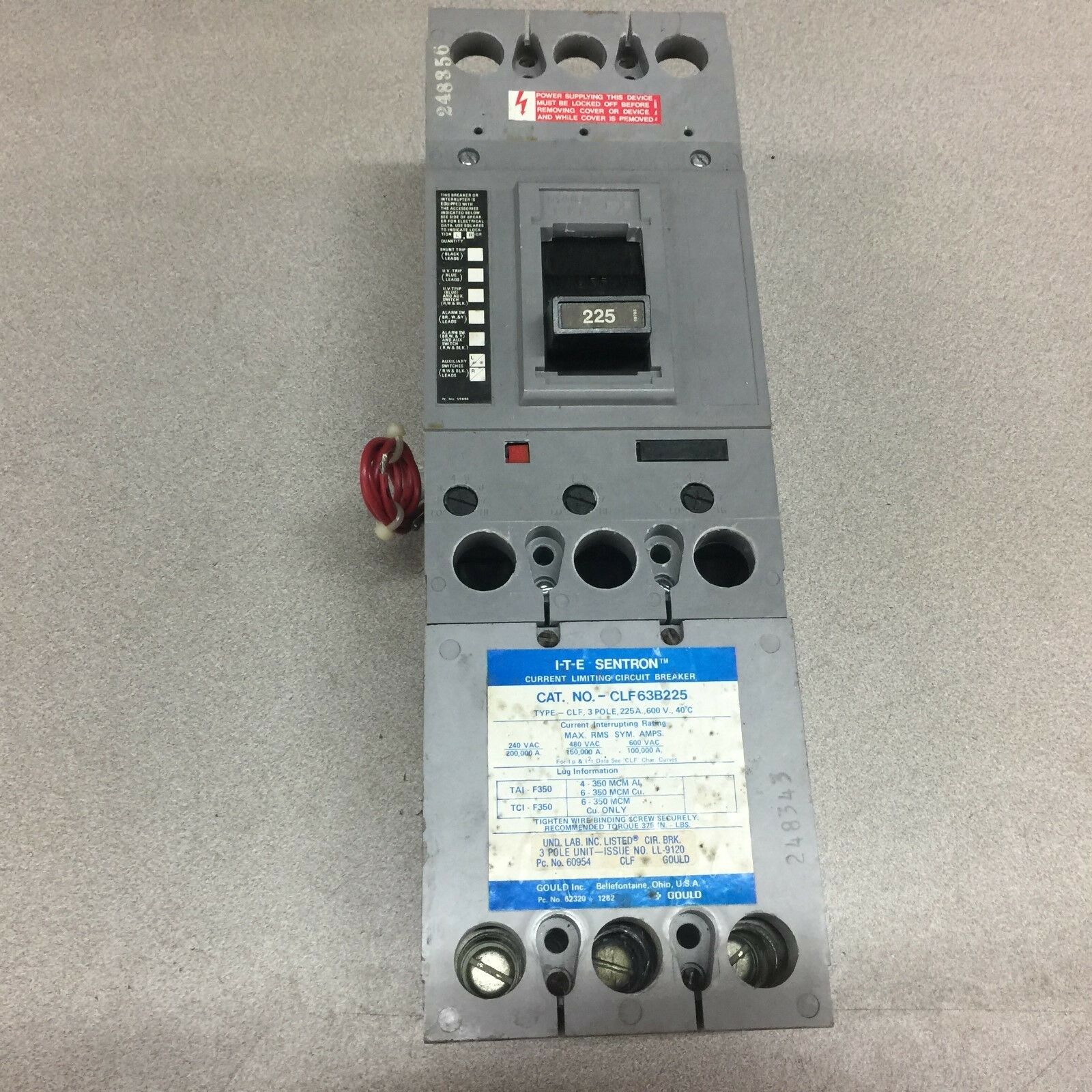 USED SIEMENS 225AMP 600VAC 3POLE CIRCUIT BREAKER CLF63B225