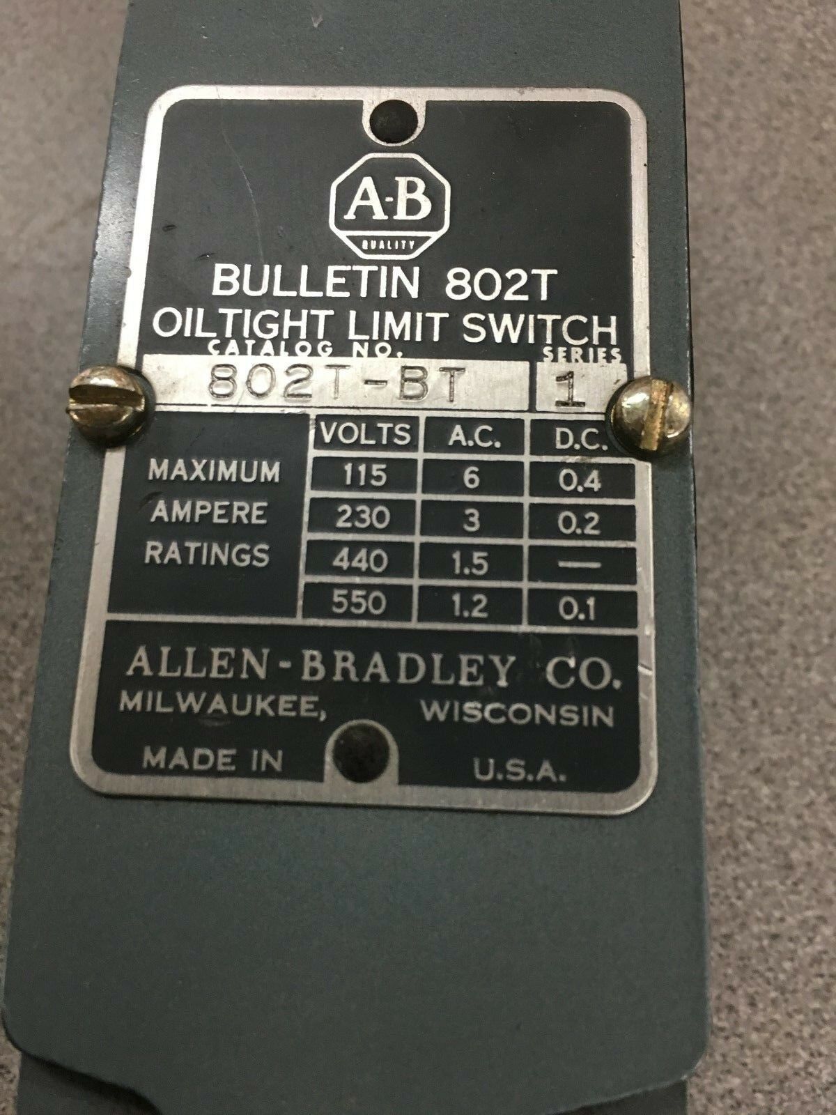 USED ALLEN-BRADLEY OILTIGHT LIMIT SWITCH 802T-BT SERIES 1