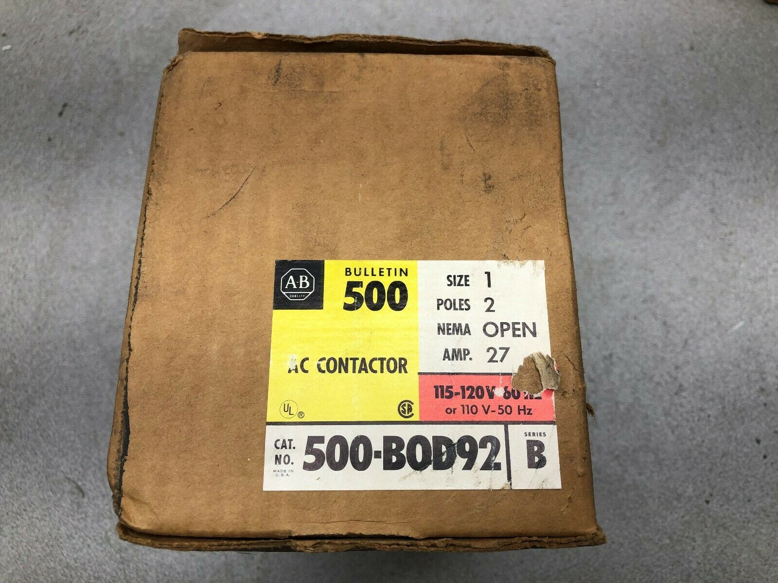 NEW IN BOX ALLEN BRADLEY SIZE 1 120 VAC COIL 2 POLE 27 AMP AC CONTACTOR 500-B0D9