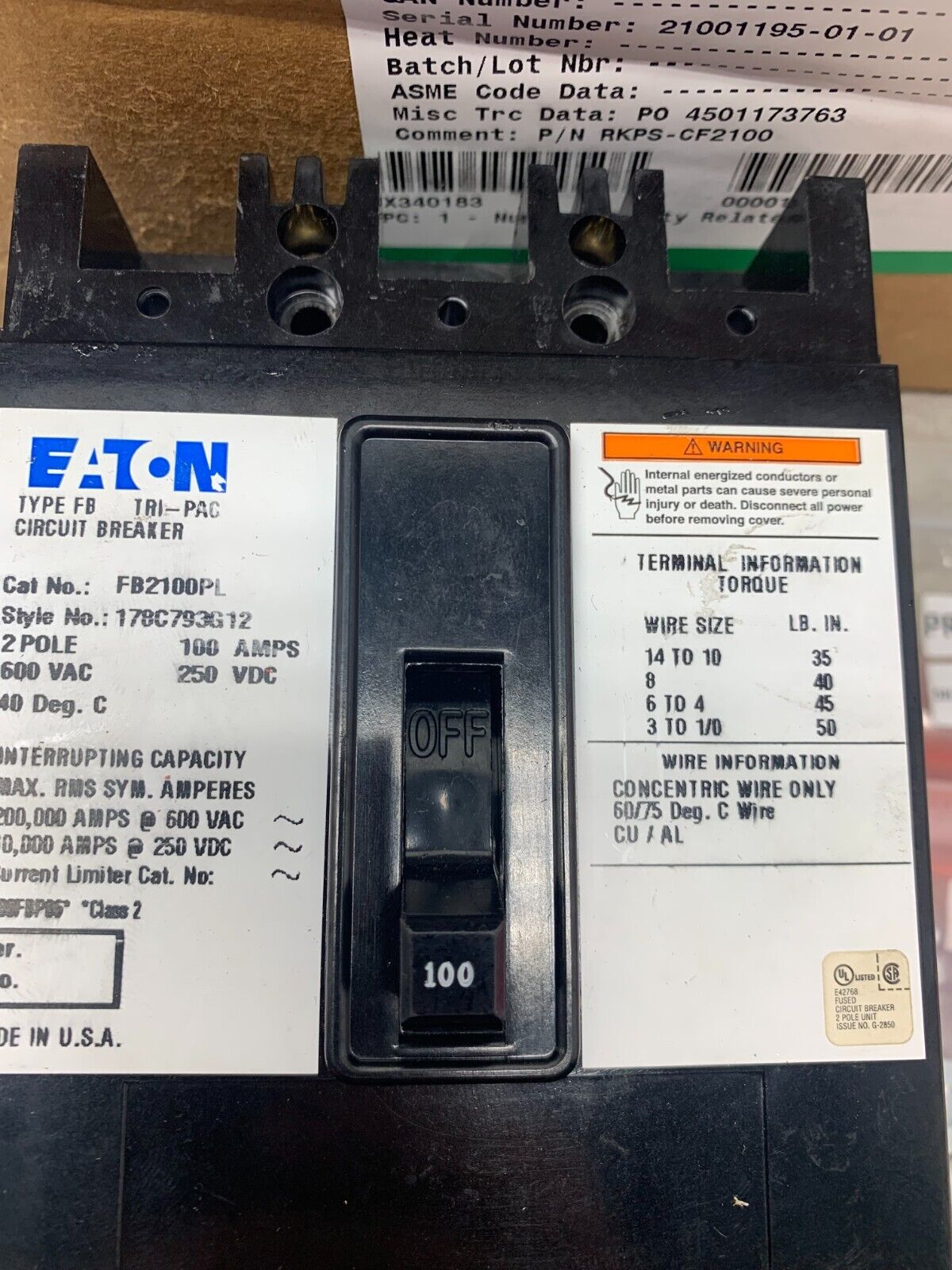 NEW EATON 2 POLE 100AMP TRI-PAC CIRCUIT BREAKER FB2100PL STYLE 178C793G12