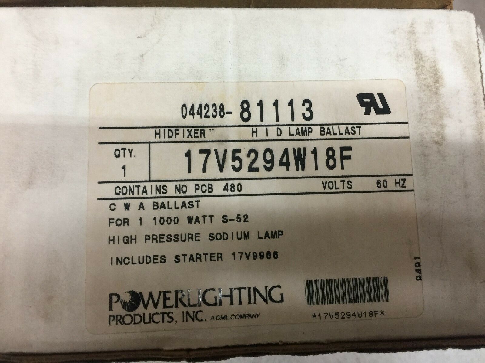 NEW IN BOX POWERLIGHTING 1000W S-52 HID LAMP BALLAST KIT 17V5294W18F