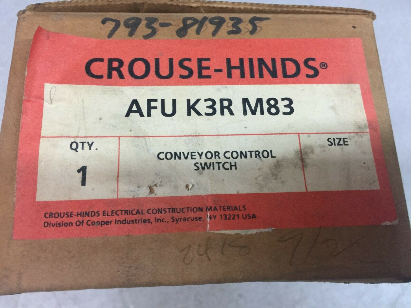 NEW NO BOX CROUSE HINDS CONVEYOR CONTROL SWITCH REPLACEMENT PART AFU K3R M83