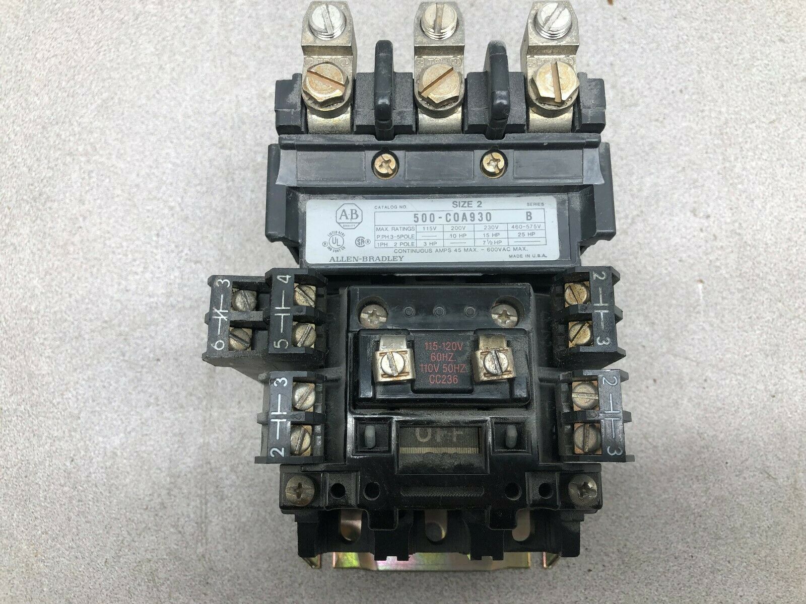 USED ALLEN BRADLEY SIZE 2 45 AMPS 3 PH 120 VAC COIL CONTACTOR 500-C0A930