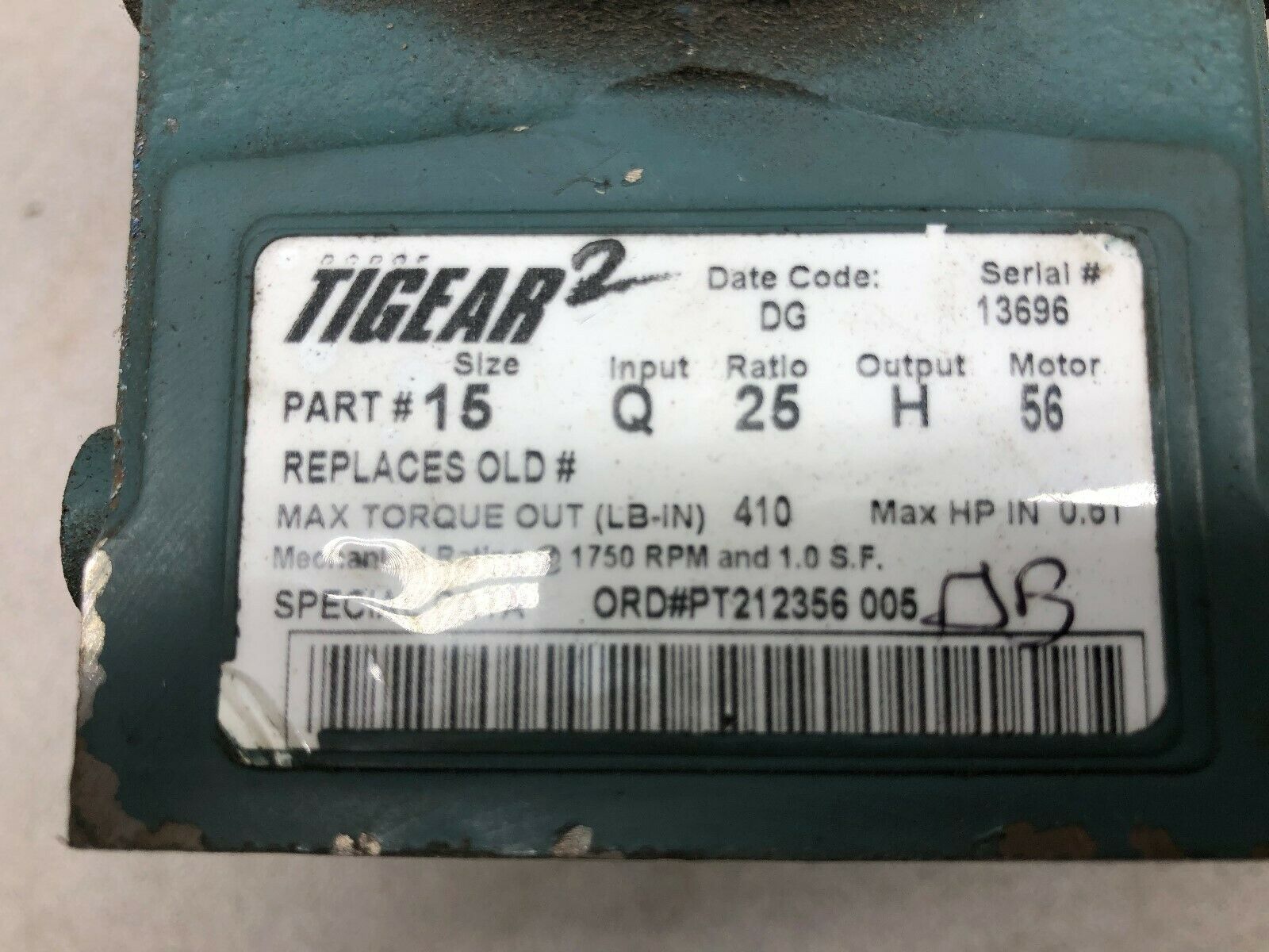 NEW NO BOX DODGE TIGEAR2 25:1 RATIO C-FACE 1750 RPM .61 HP INPUT GEAR REDUCER 15