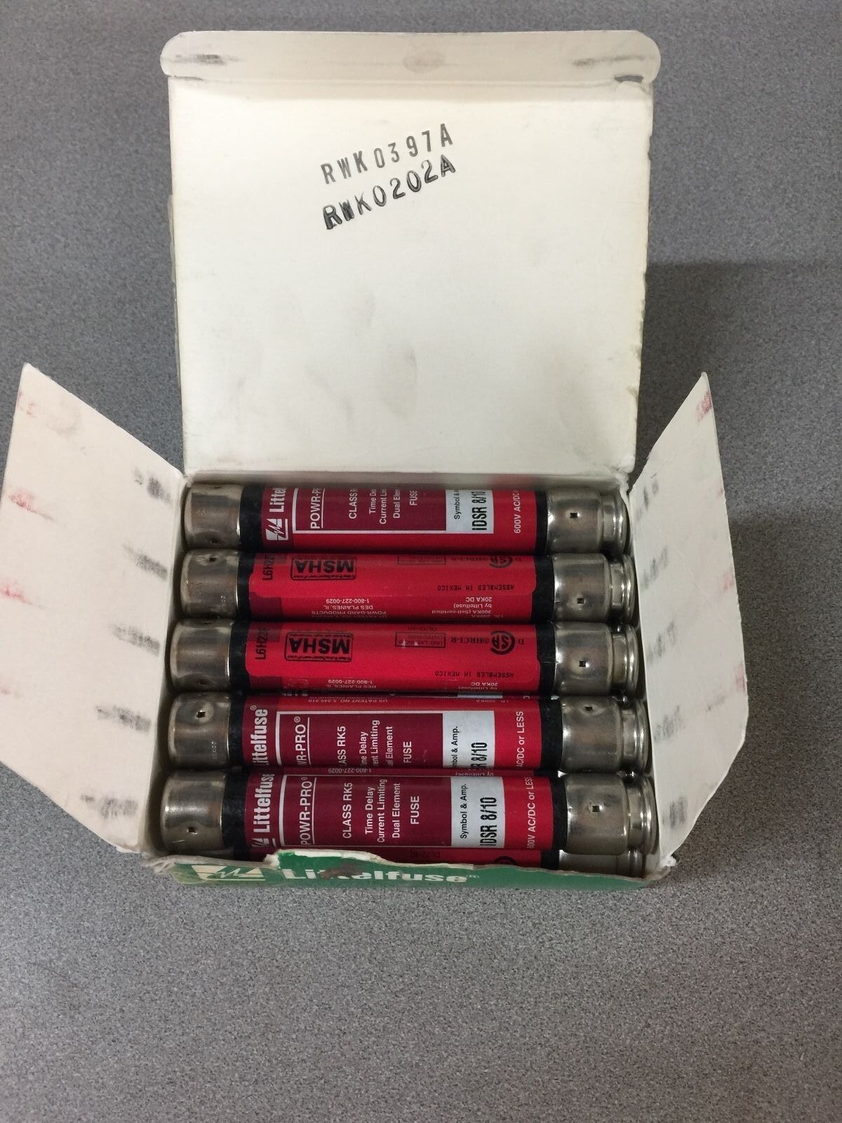 NEW IN BOX 10-SET LITTELFUSE TIME DELAY FUSES, 8 AMP 600 VOL, CLASS RK5 IDS 8/10