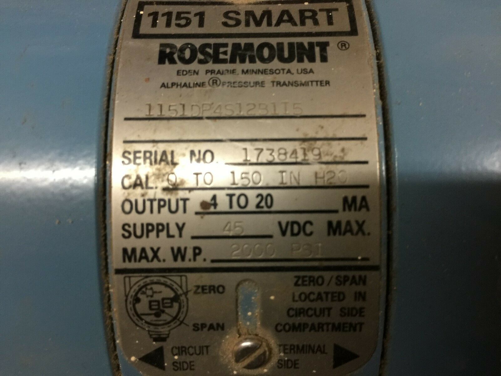 USED ROSEMOUNT 1151 SMART PRESSURE TRANSMITTER 1151DP4S1231I5