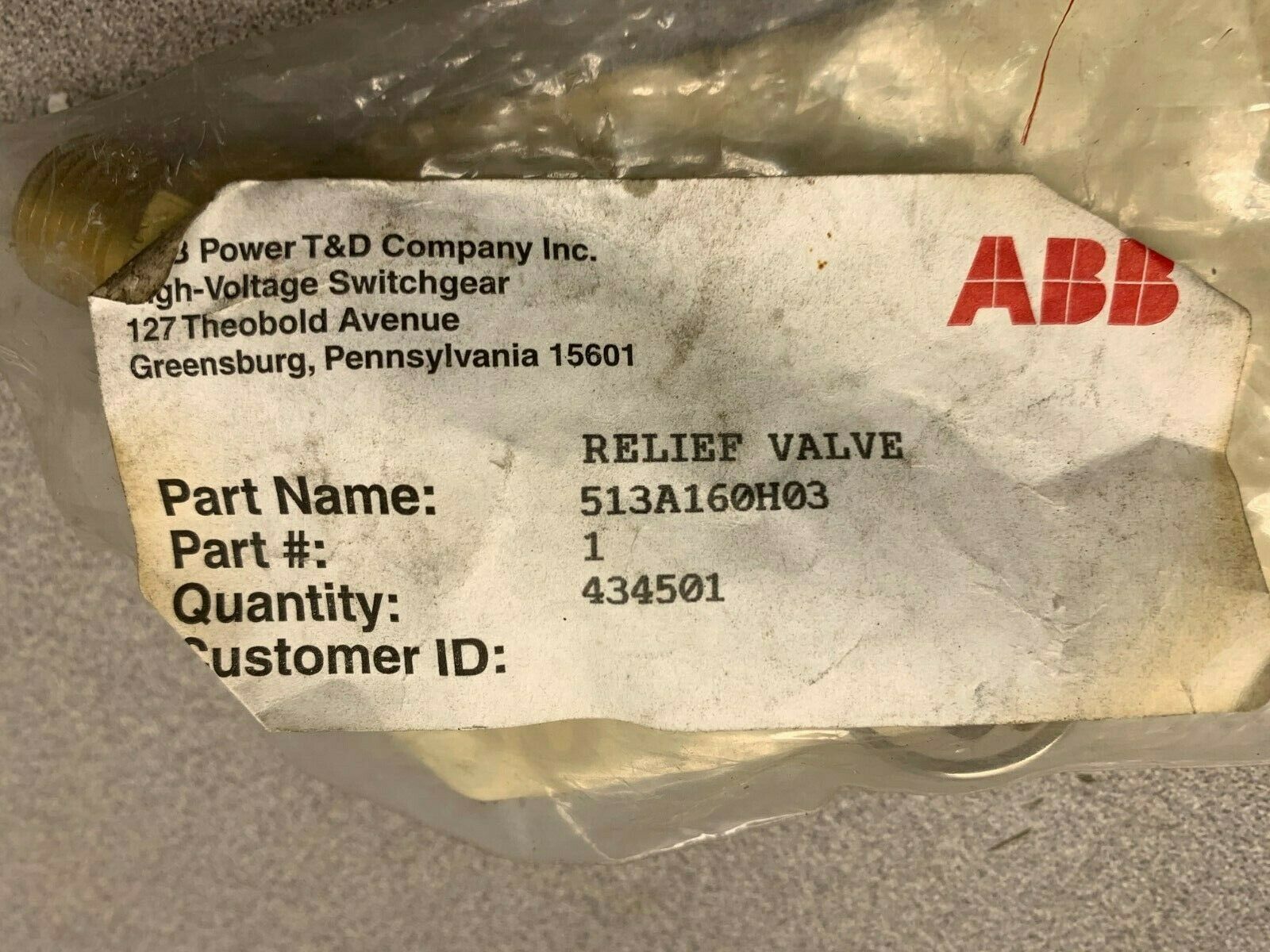 NEW NO BOX ABB RELIEF VALVE 513A160H03