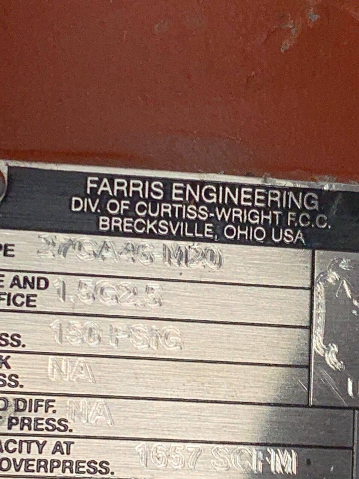 NEW FARRIS ENGINEERING SIZE 1.5G2.5 PRESSURE RELIEF VALVE 150PSIG. 27GA46-M20