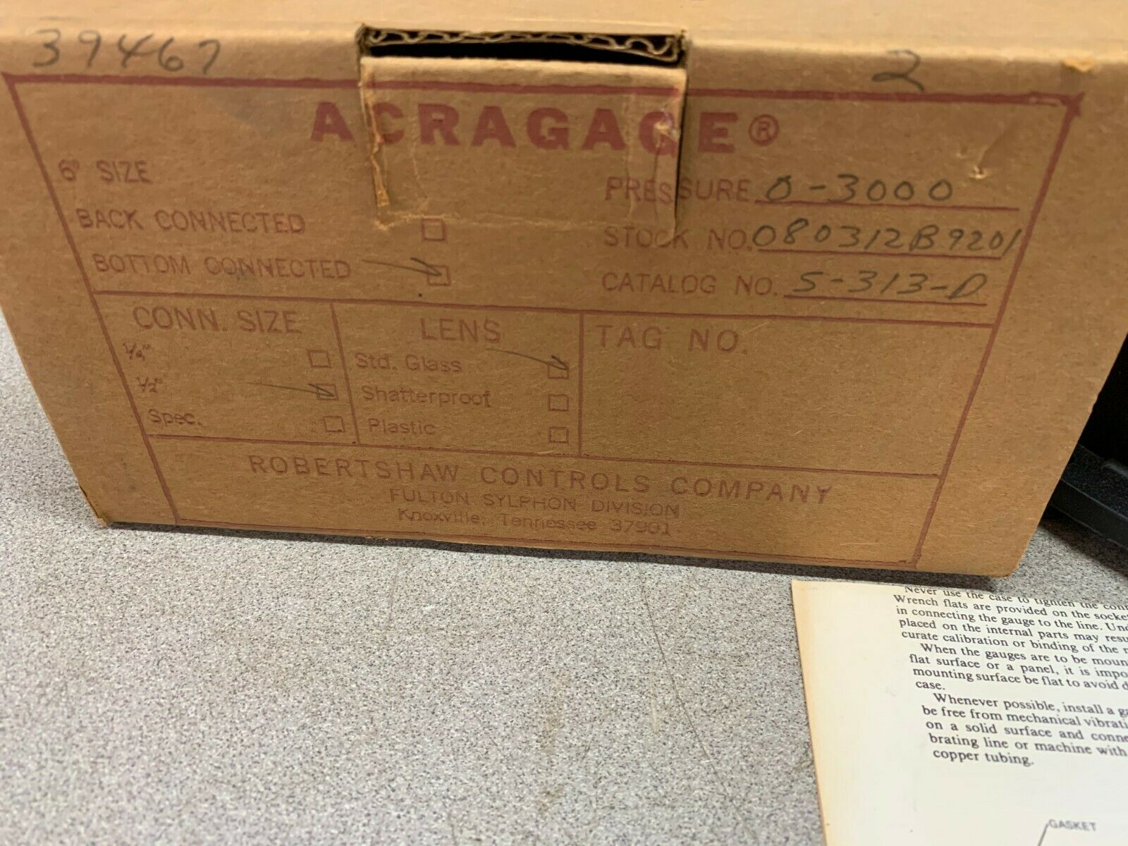 NEW IN BOX ROBERTSHAW 5-313-D GAUGE 6" ACRAGAGE 0-3000PSI 080312B9201