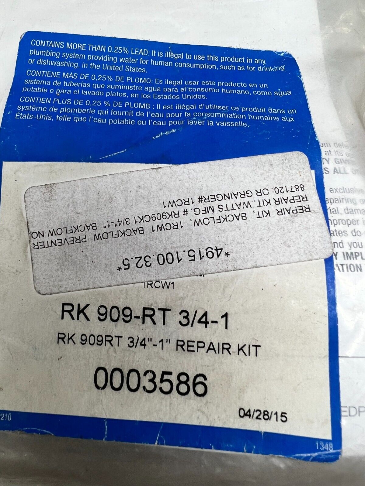 NEW IN BAG GENUINE REPAIR KIT RK 909-RT 3/4-1