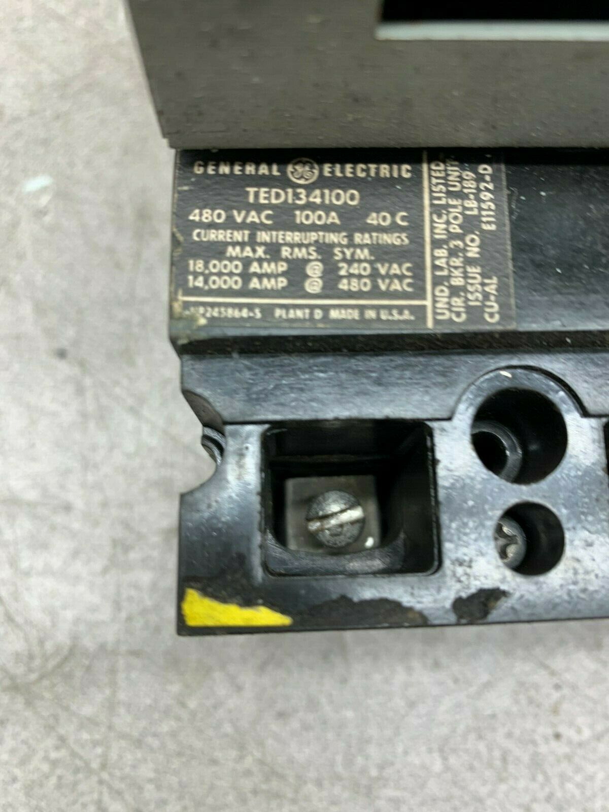 USED GENERAL ELECTRIC 100 AMP 3 POLE MOTOR CIRCUIT PROTECTOR TED134100