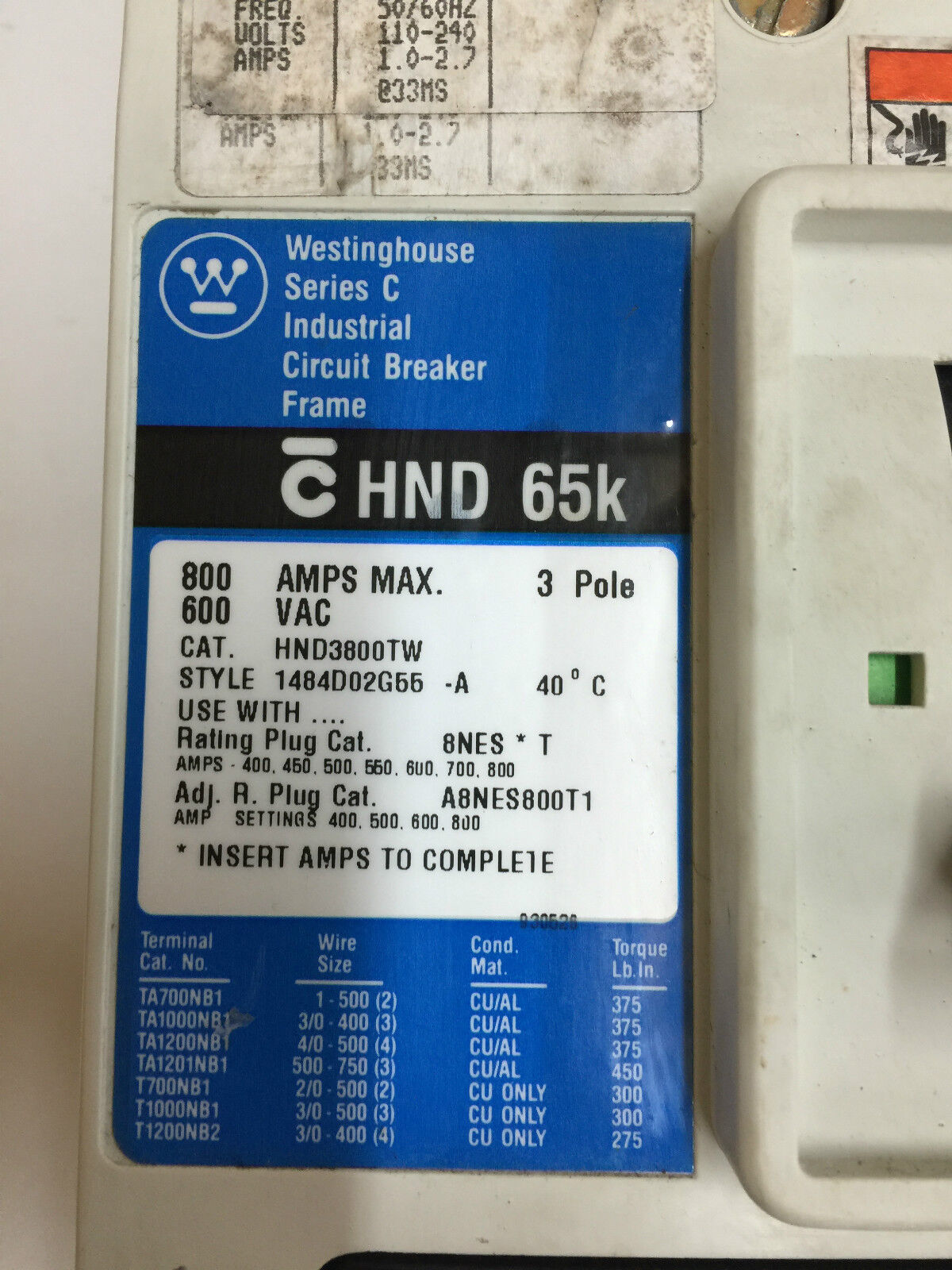 USED WESTINGHOUSE 800 AMP 3 POLE CIRCUIT BREAKER HND 65K CUTLER-HAMMER HND3800TW