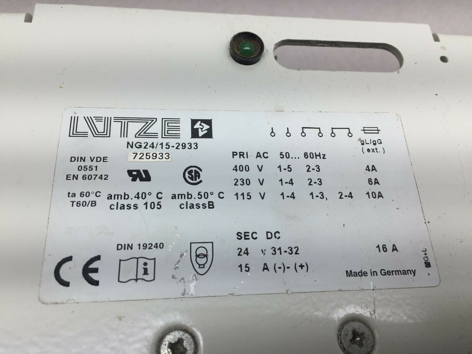 USED LUTZE15AMP 24VDC  PRI 400/230/115VAC POWER SUPPLY NG24/15-2933