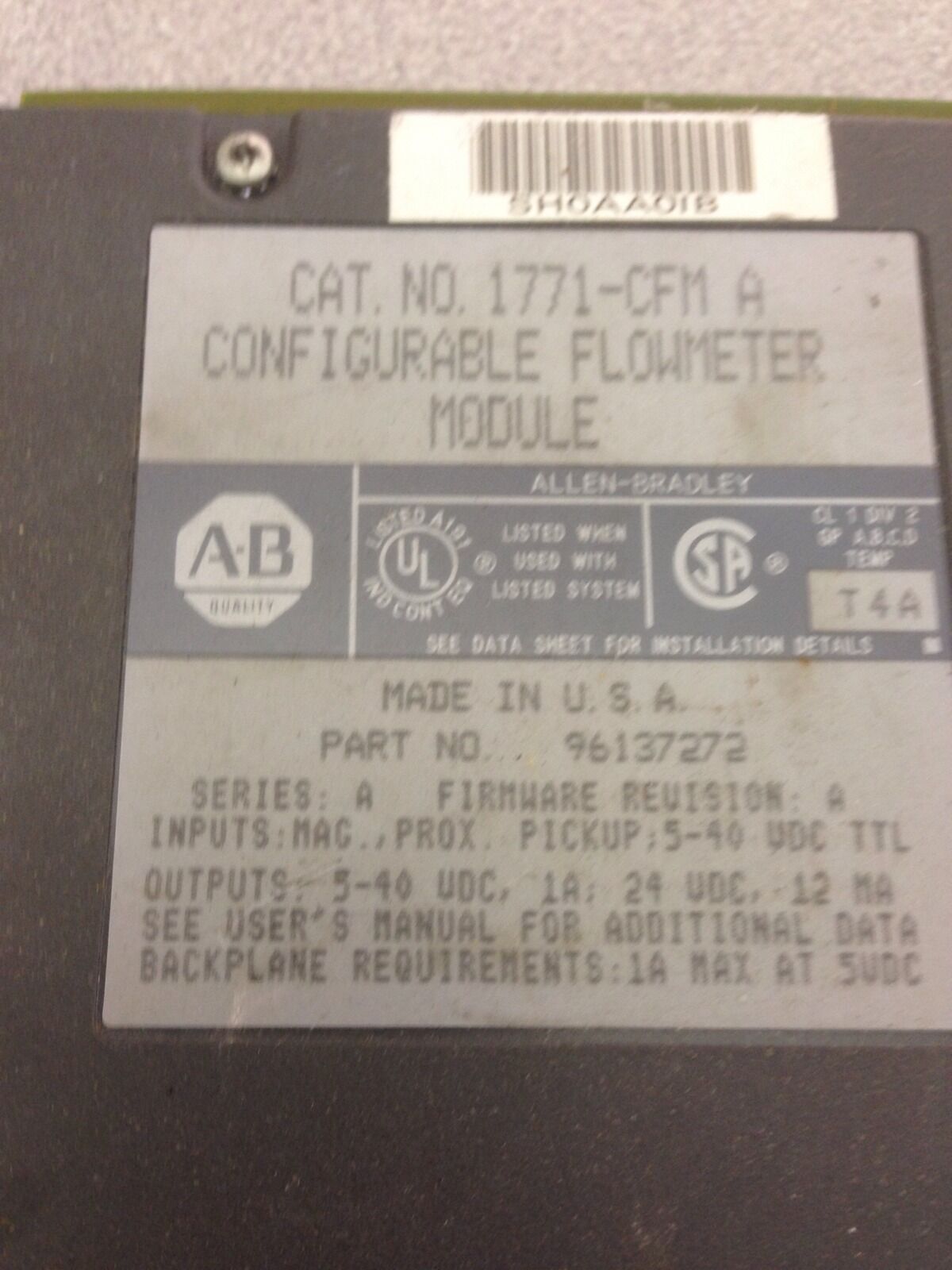 USED ALLEN-BRADLEY PLC-5 CONFIGURABLE FLOWMETE MODULE 1771-CFM SERIES A