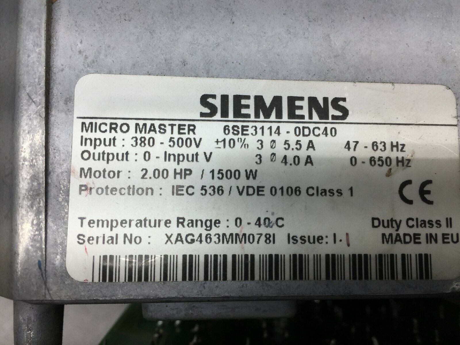 USED SIEMENS MICRO MASTER 2HP 380/500VAC 0-650HZ DRIVE 6SE3114-0DC40