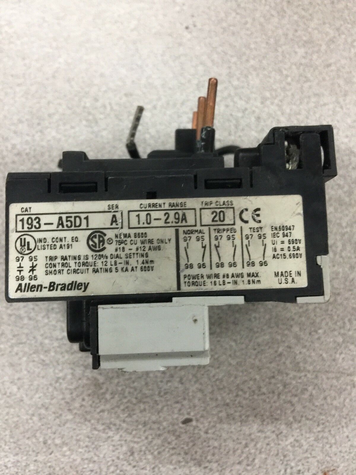 USED ALLEN BRADLEY OVERLOAD RELAY 193-A5D1 SER. A