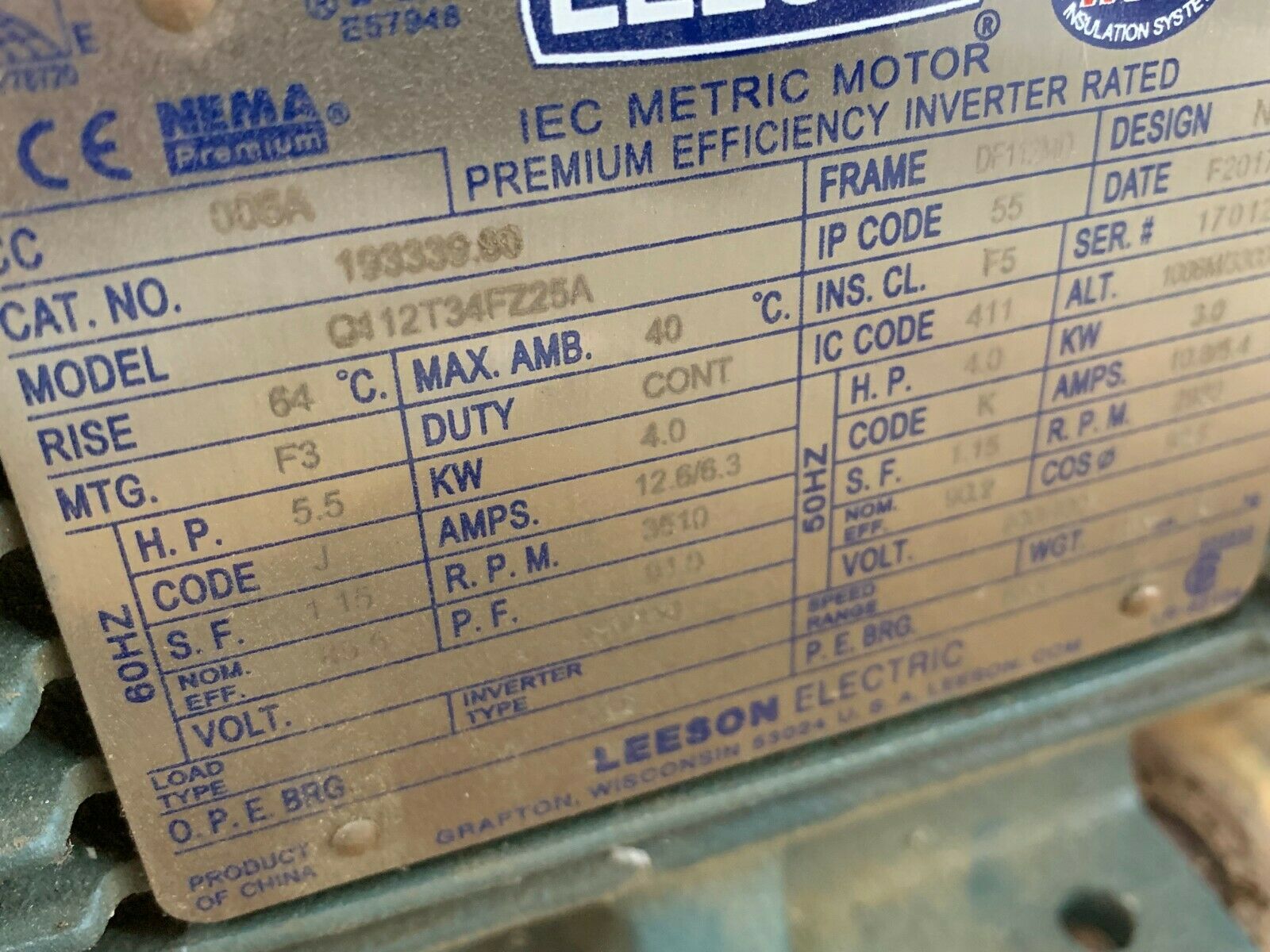 USED LEESON 5.5HP 193339.00 METRIC MOTOR Q112T34FZ25A