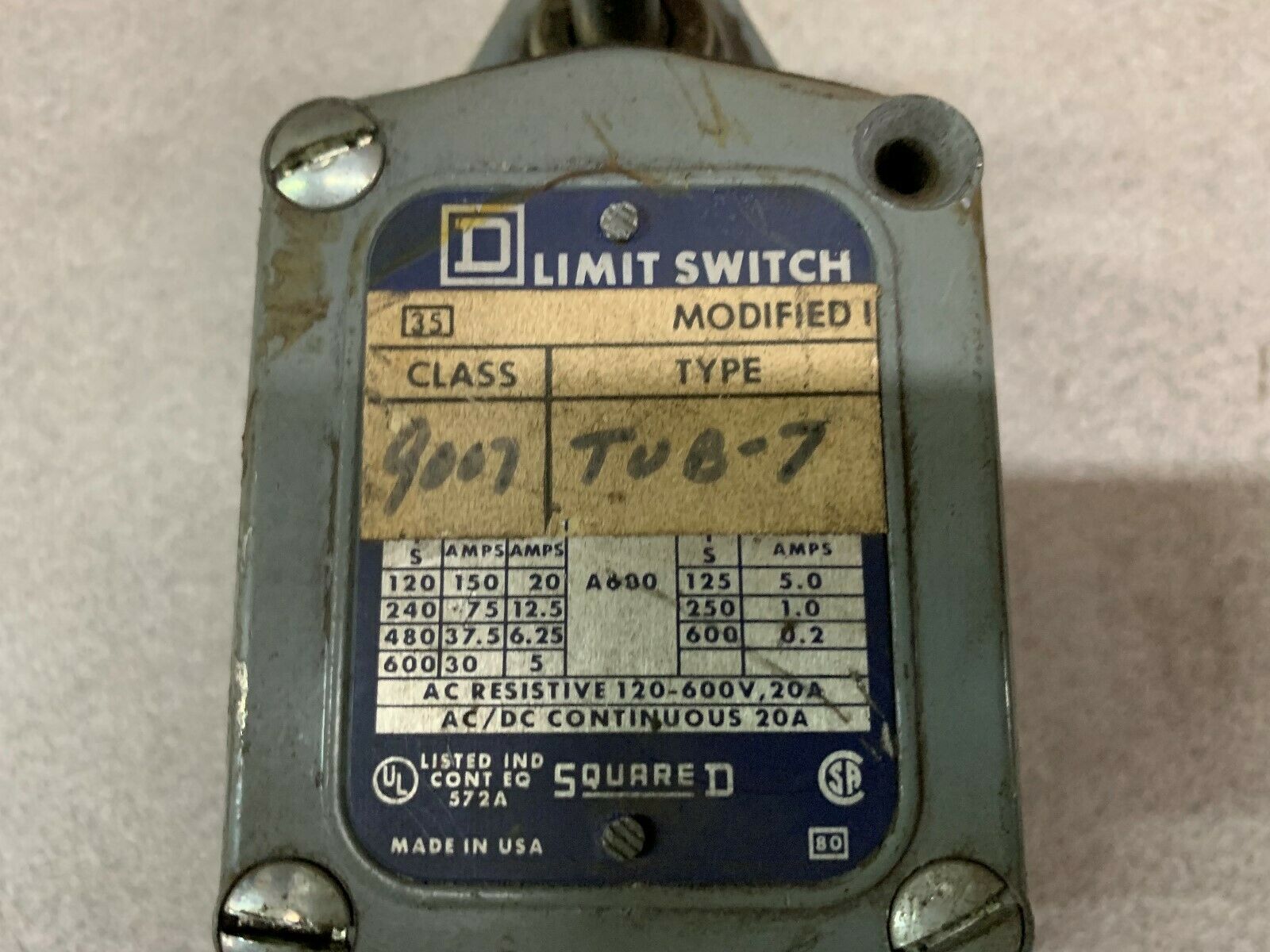 USED SQUARE D LIMIT SWITCH 9007 TUB-7