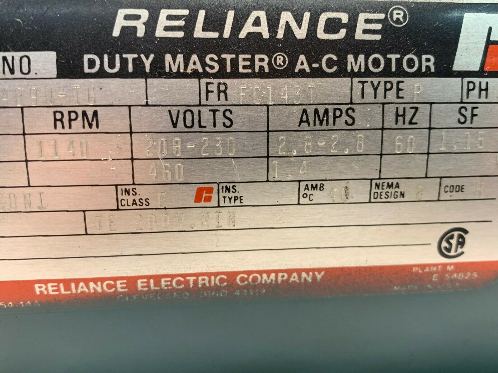 NEW NO BOX RELIANCE ELECTRIC 3/4HP 1140RPM MOTOR P14H1409N-TU