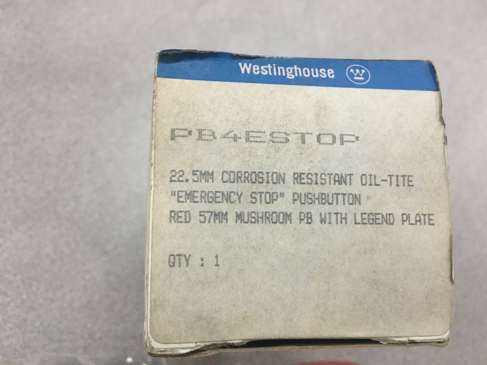 NEW IN BOX WESTINGHOUSE E-STOP PUSHBUTTON PB4ESTOP WITH LEGEND PLATE