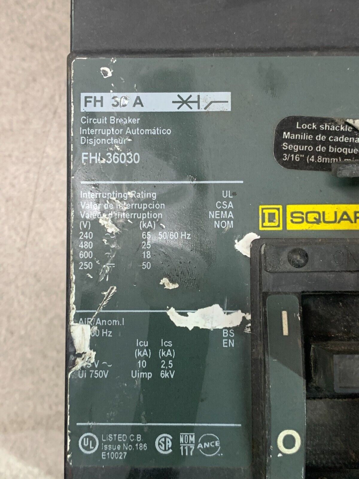 USED SQUARE D 3 POLE 30AMP CIRCUIT BREAKER FHL36030