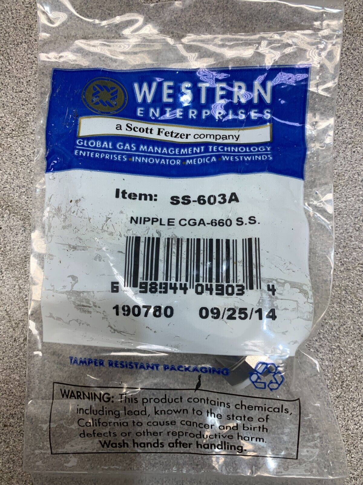 NEW WESTERN ENTERPRISES SS-603A NIPPLE CGA-660 S.S.