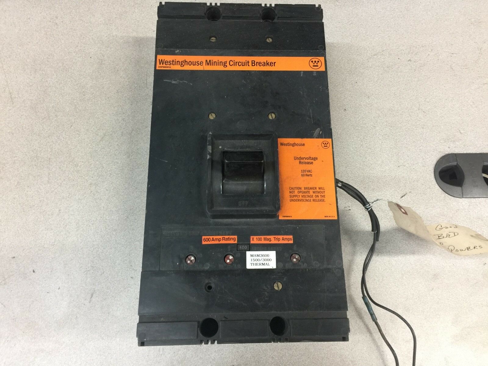 USED WESTINGHOUSE 600 AMP 3 POLE BREAKER MAM3600