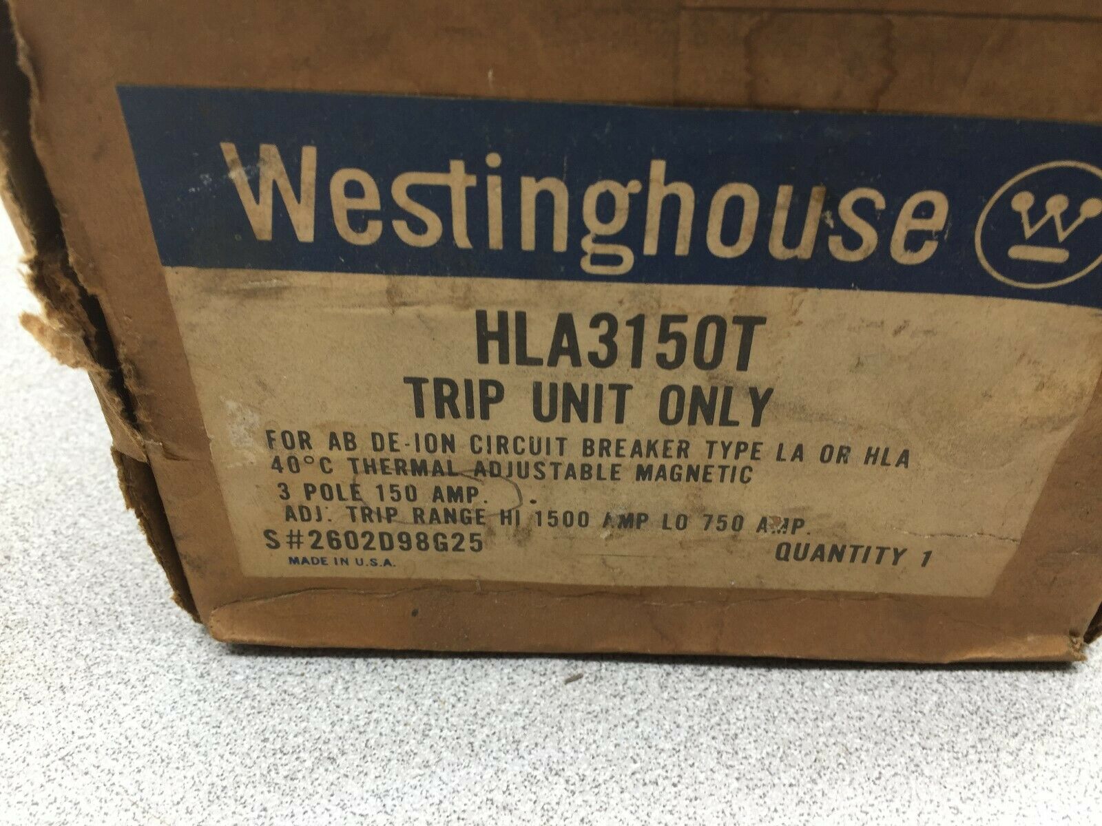 NEW IN BOX WESTINGHOUSE 150AMP 3POLE 750-1500TRIP MAGNETIC TRIP UNIT HLA3150T