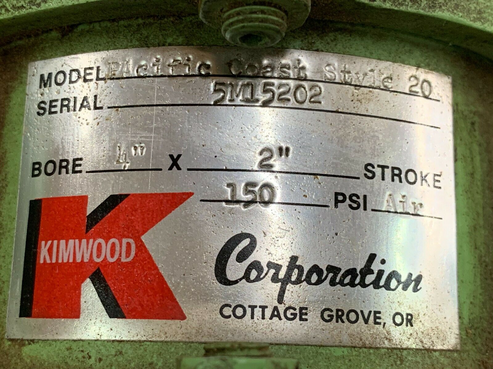 REBUILT KIMWOOD CYLINDER 4" BORE 2" STROKE 5M15202 PACFIC COAST STYLE 20