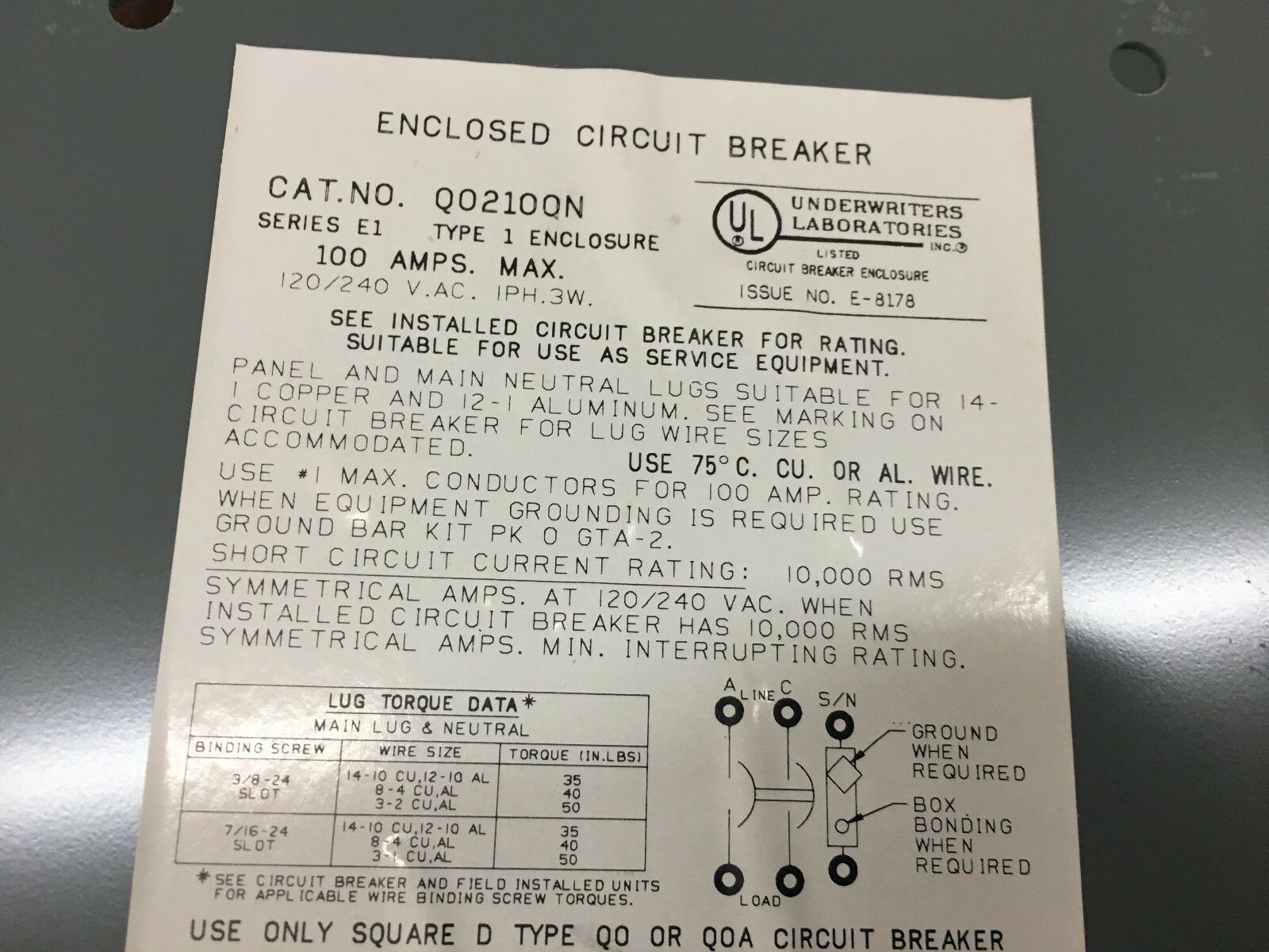 NEW IN BOX SQUARE D 100AMP ENCLOSED CIRCUIT BREAKER QO2100-NF