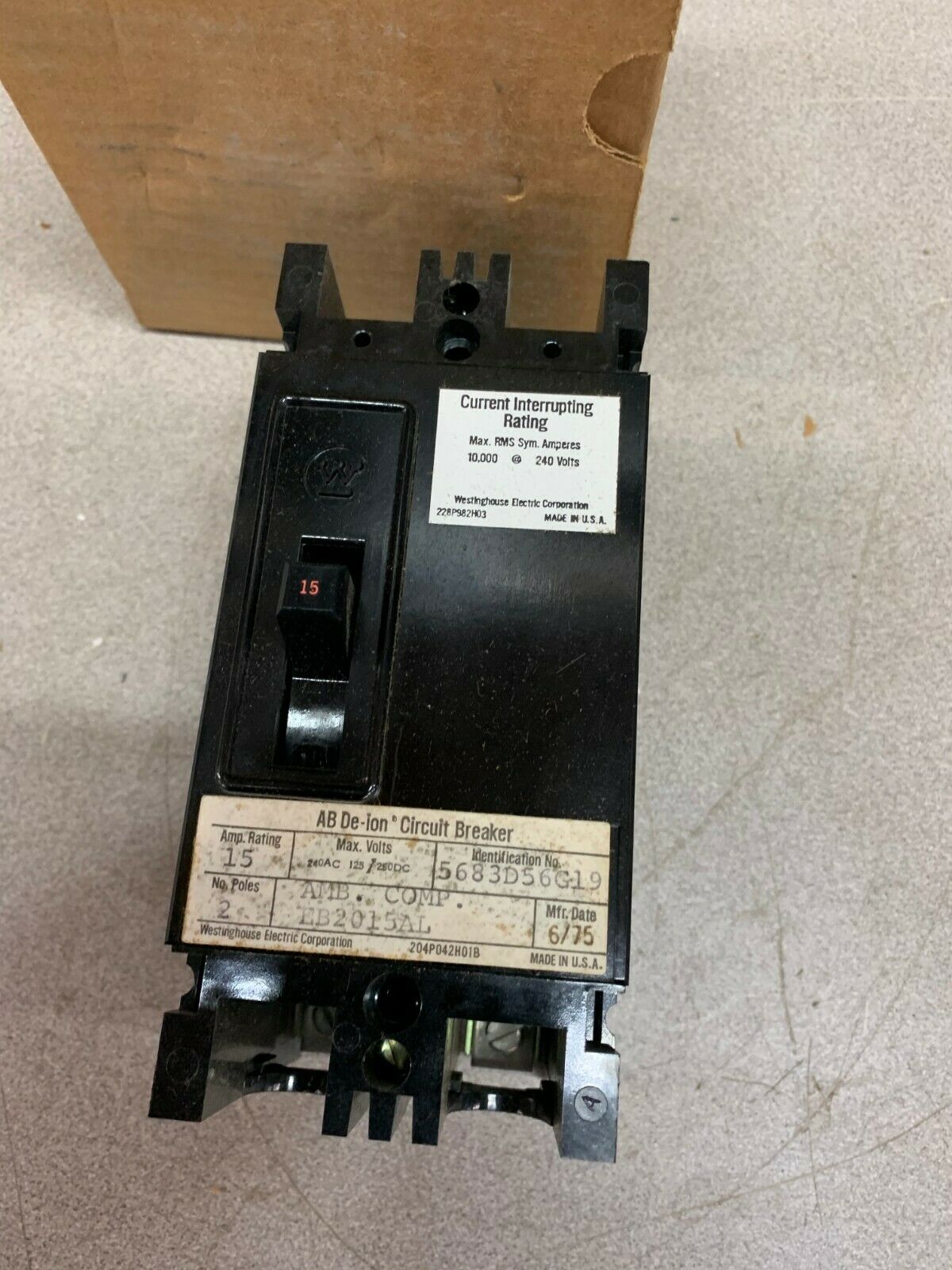 NEW IN BOX WESTINGHOUSE 2 POLE 15AMP AB DE-ION CIRCUIT BREAKER EB2015AL