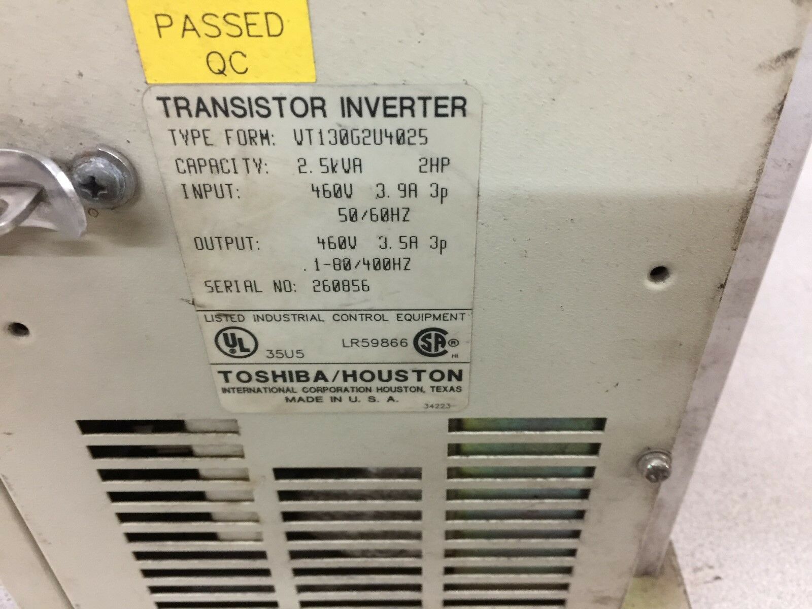 USED TOSHIBA TRANSISTOR INVERTER 2HP 460V VT130G2U4025