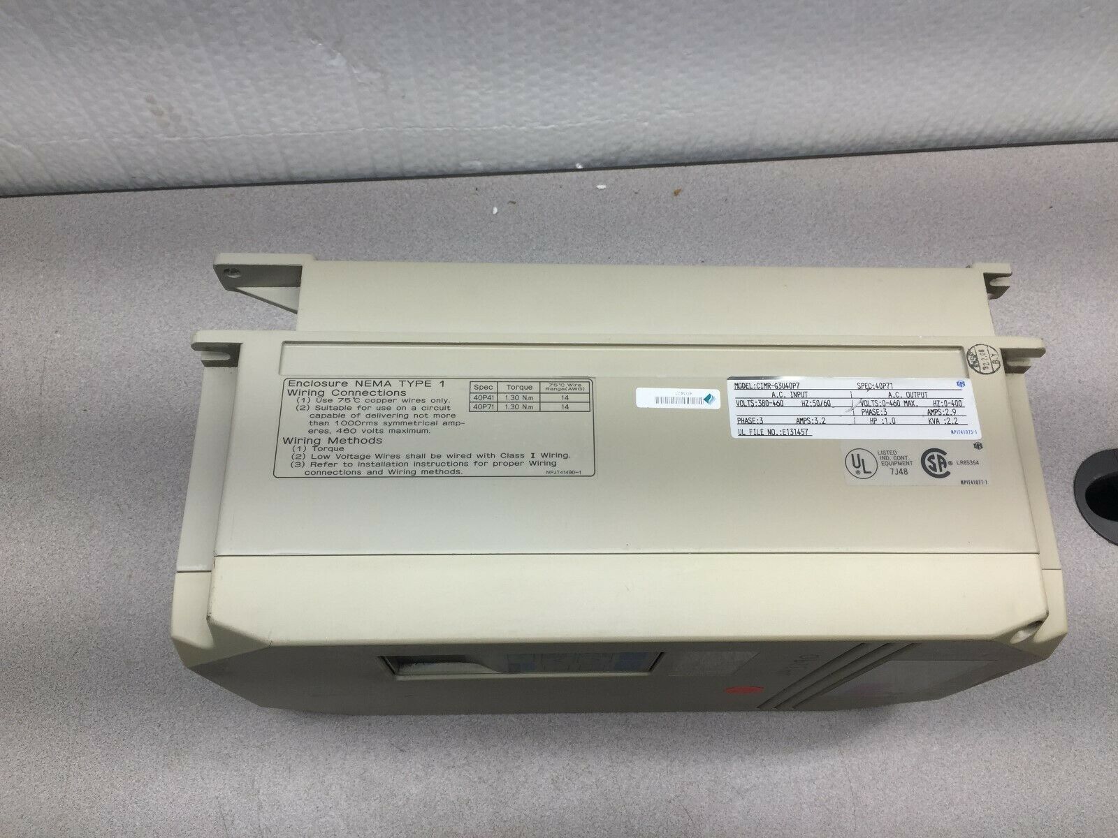 USED EMS 1HP 380/460VAC 3PH 2.2KVA 2.9AMPS CIMR-G3U40P7