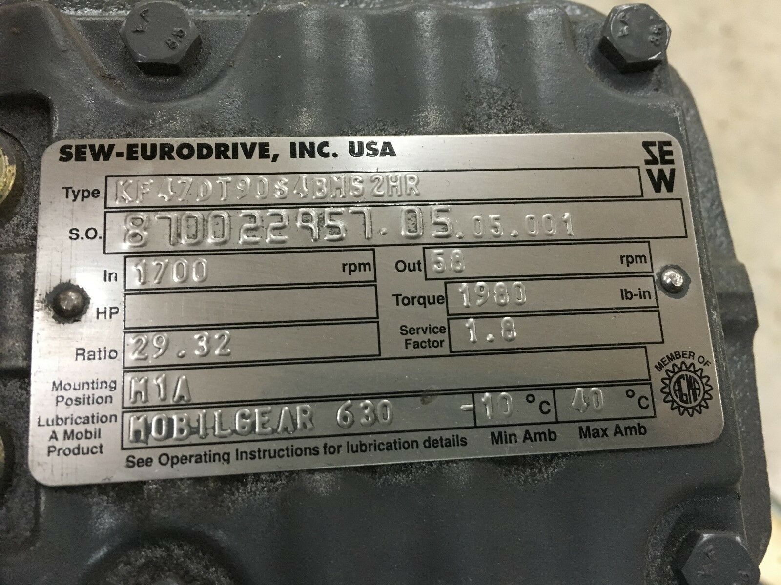 REBUILT SEW-EURODRIVE GEARMOTOR DFT90S4BM62HR SPEED KF47DT90S4BMS2HR