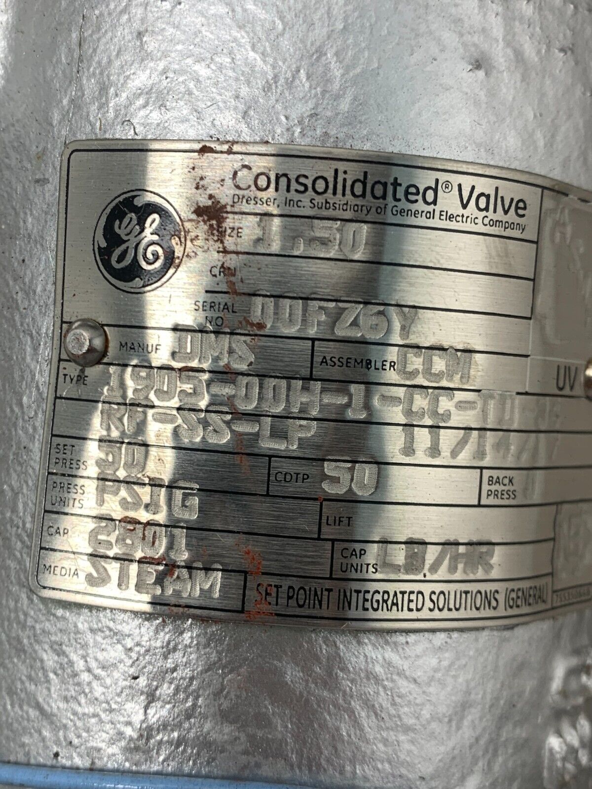 GE CONSOLIDATED SIZE 1-1/2 RELIEF VALVE 50PSIG. 1905-00H-1-CC-TD-34-R
